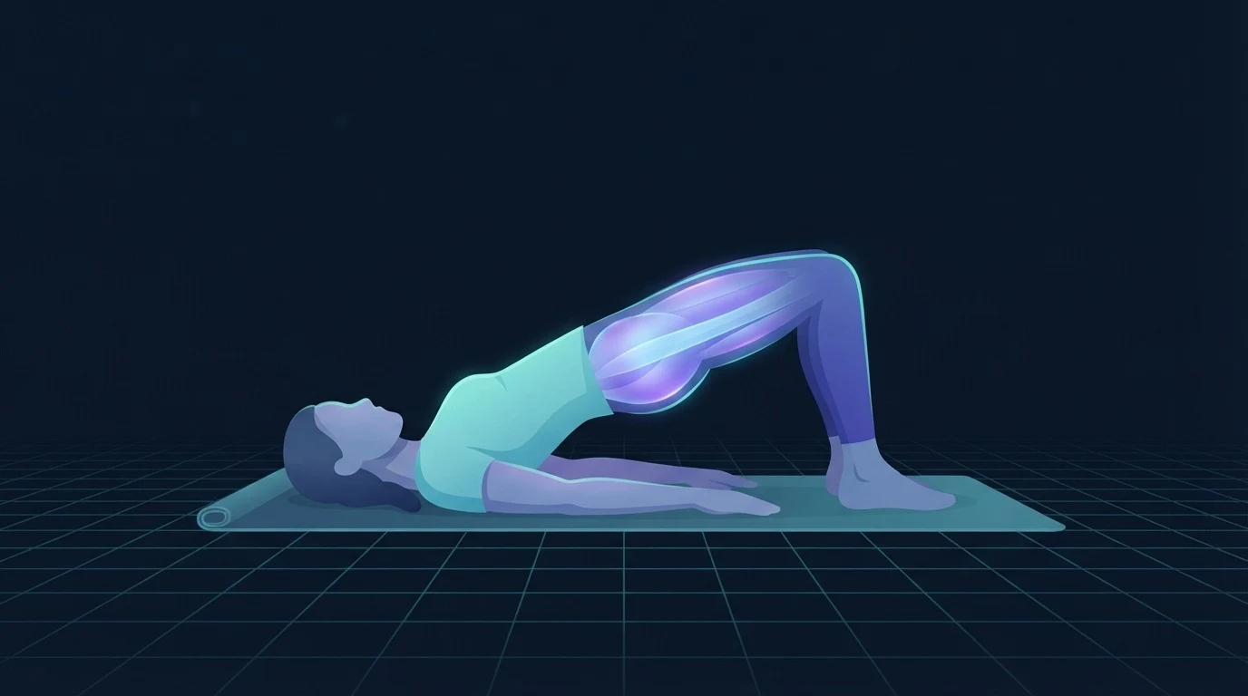 Side view of an adult holding a glute bridge on a mat with the glutes, hamstrings and abdominal wall highlighted