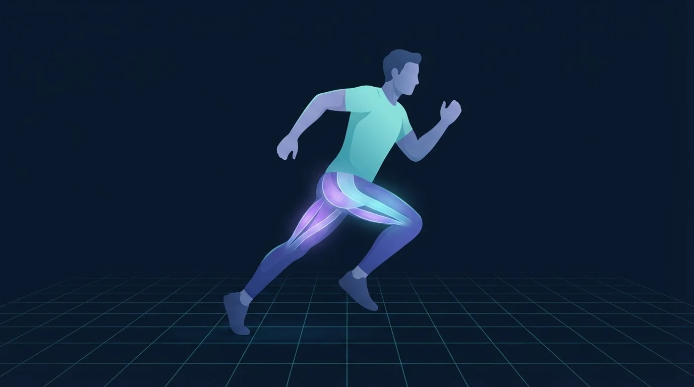 Side view of a sprinter at full stride with the hamstrings and back of the hip highlighted under stretch