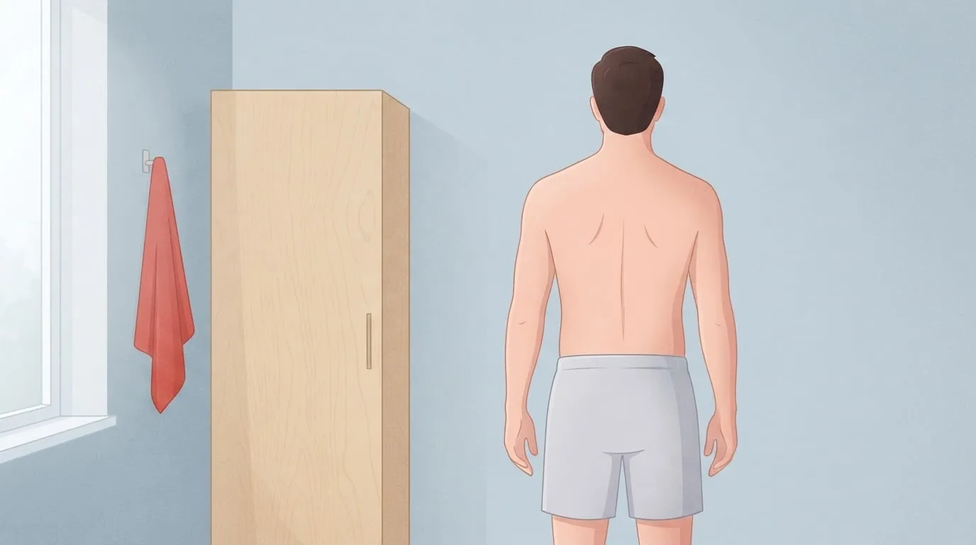 A man seen from behind standing relaxed in a pale blue-grey bedroom beside a birch wardrobe, one shoulder sitting slightly lower than the other, a typical mild case of uneven shoulders