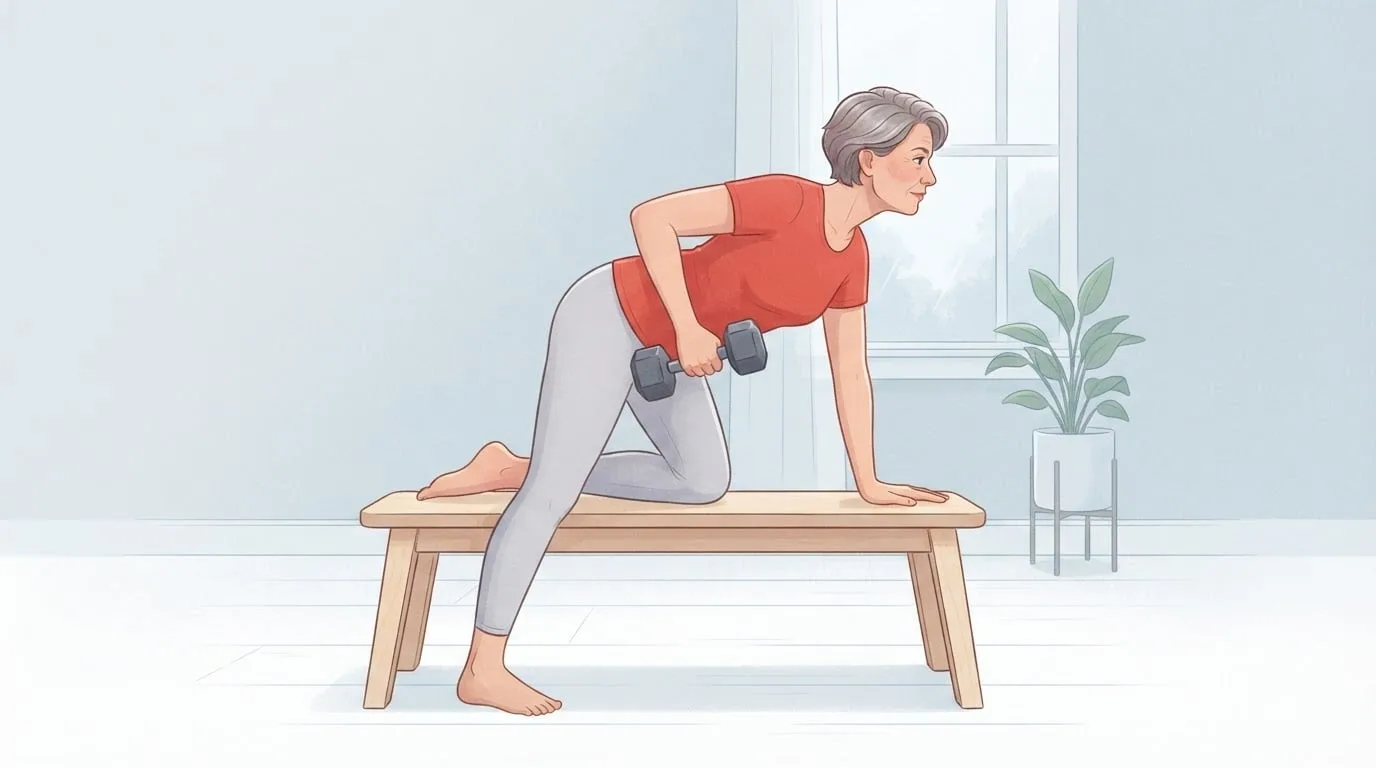 A woman in her fifties doing a one-arm dumbbell row on a birch bench in a bright living room, one knee and hand on the bench, pulling a plain dumbbell to her hip with level shoulders
