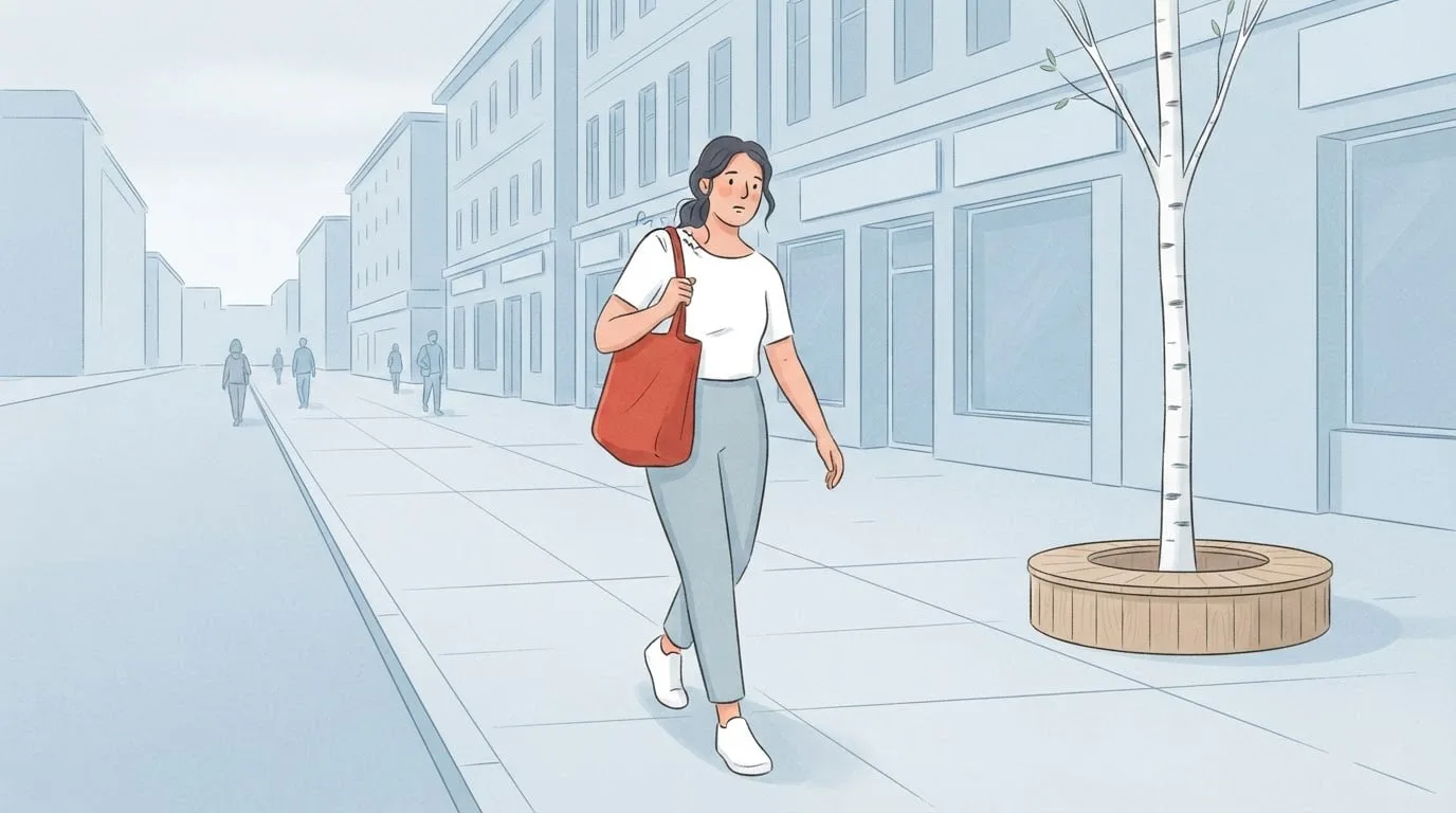A woman walking along a grey city sidewalk with a heavy red tote bag on her right shoulder, that shoulder hitched up toward her ear and her body leaning away from the bag