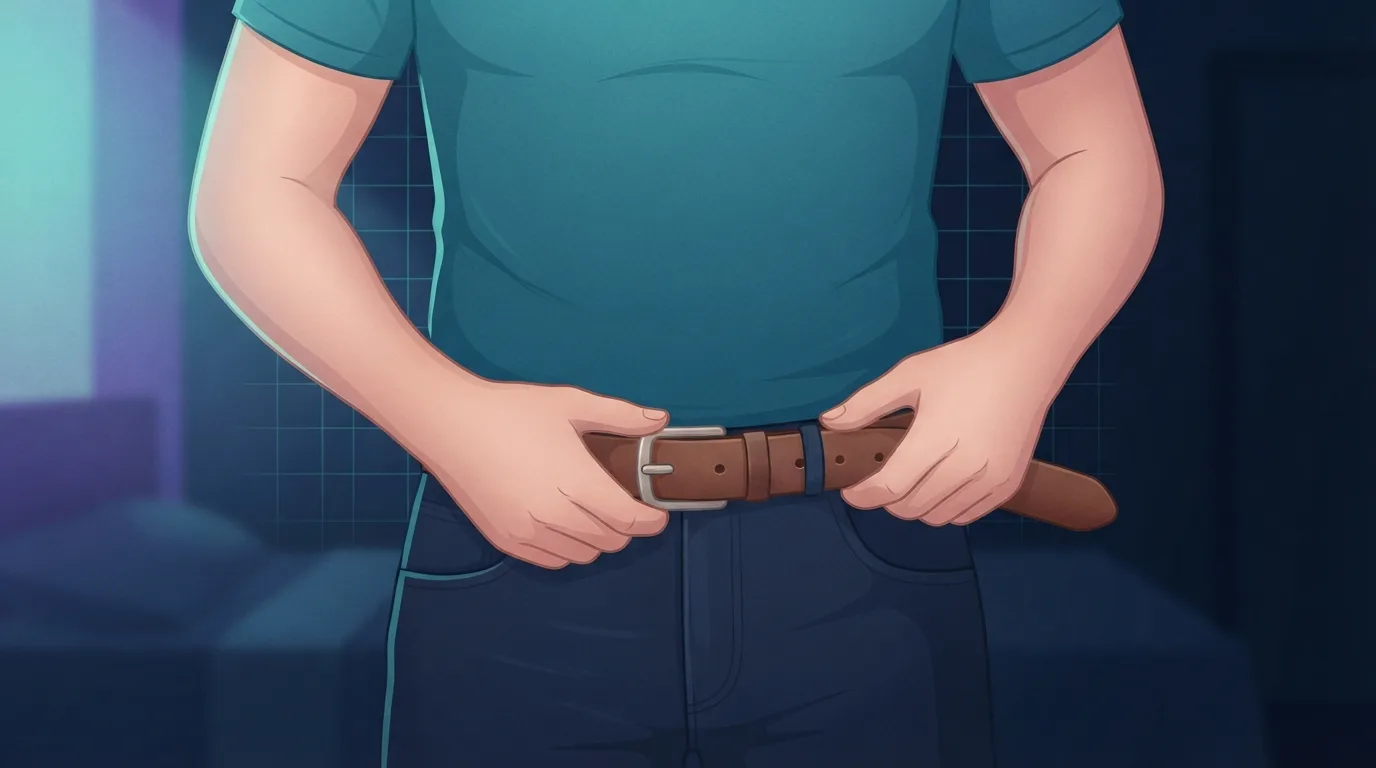 Close-up of a man fastening a plain leather belt at his waist, the kind of everyday waist check that shows fat gain during a bulk before the scale does