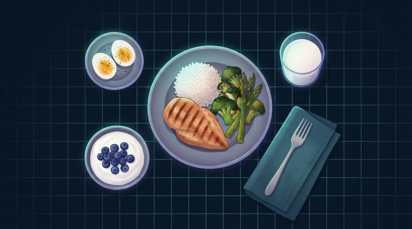 Overhead view of a lean bulk dinner: grilled chicken breast, rice and roasted vegetables on a plate, with boiled eggs, yogurt with blueberries and a glass of milk around it