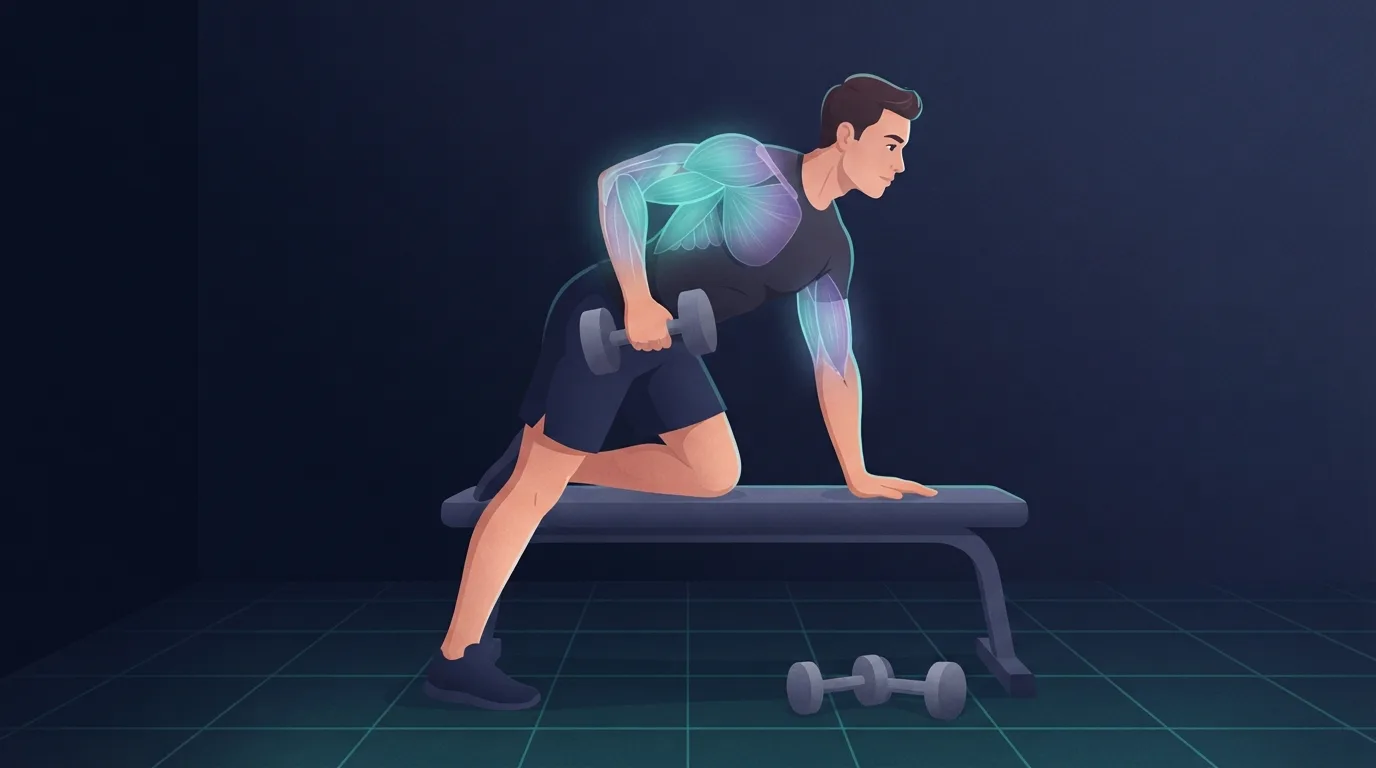 A man doing a one-arm dumbbell row with one knee on a bench, his upper back and arm muscles glowing to show the training that turns a calorie surplus into muscle instead of fat