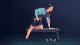 Ein Mann macht einarmiges Kurzhantelrudern mit einem Knie auf einer Bank, wobei sein oberer Rücken und seine Armmuskeln leuchten, um das Training zu zeigen, das einen Kalorienüberschuss in Muskeln statt in Fett verwandelt