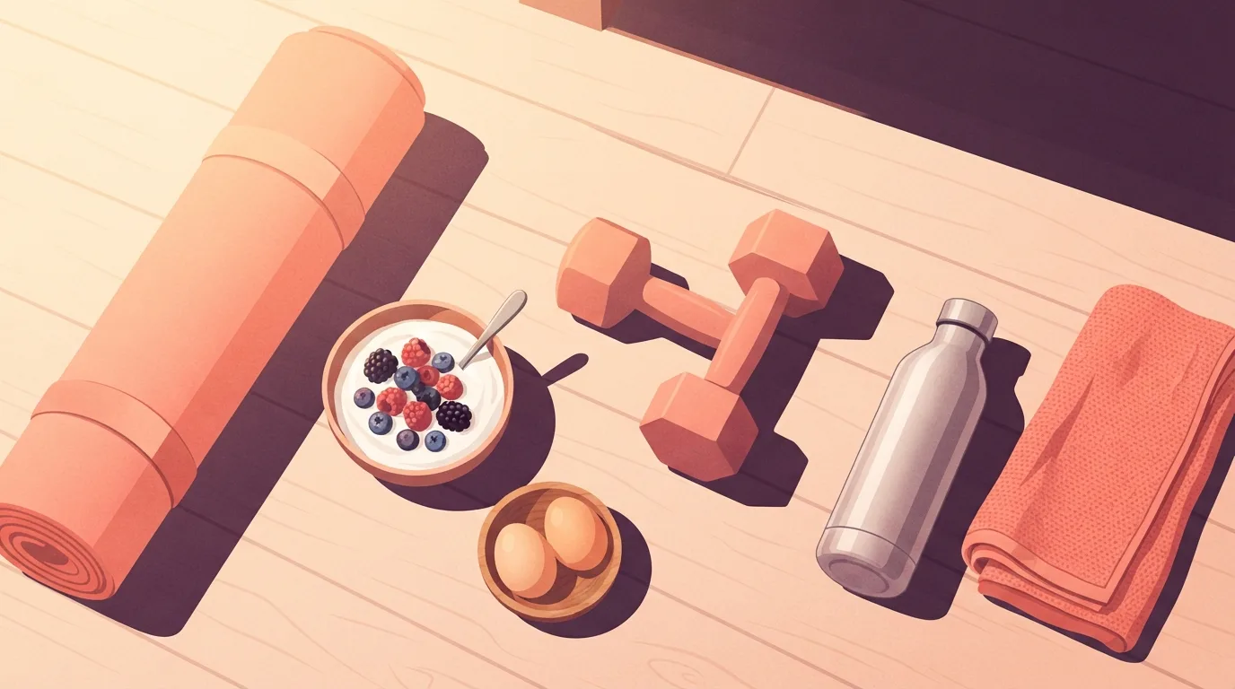 Overhead view of everything a 30-day abs plan needs laid out on a wooden floor: a rolled exercise mat, a bowl of yogurt with berries, two eggs, a pair of dumbbells, a water bottle and a folded towel