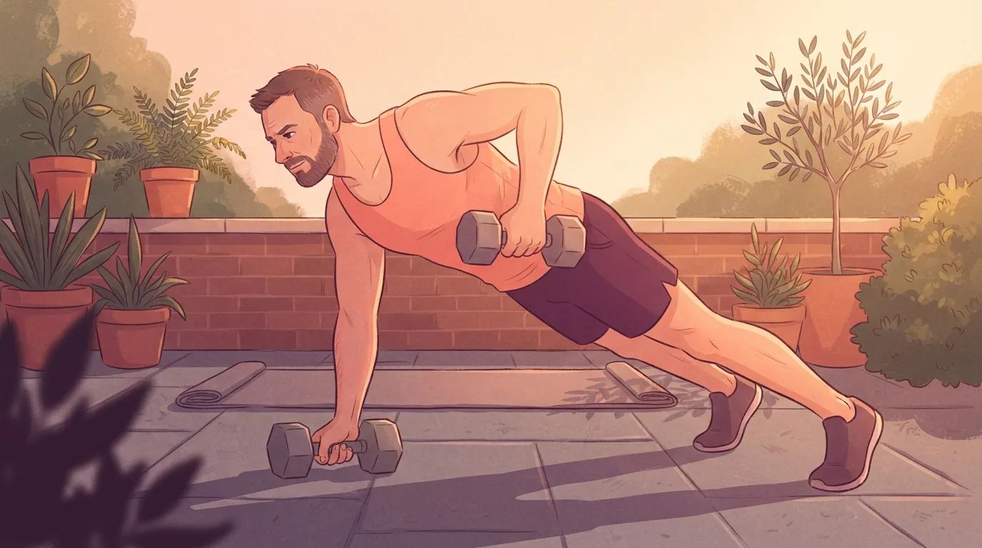 A bearded man in his forties doing a dumbbell renegade row on a backyard patio at sunrise, one hand pressing a dumbbell into the ground in a high plank while the other pulls a dumbbell toward his ribs