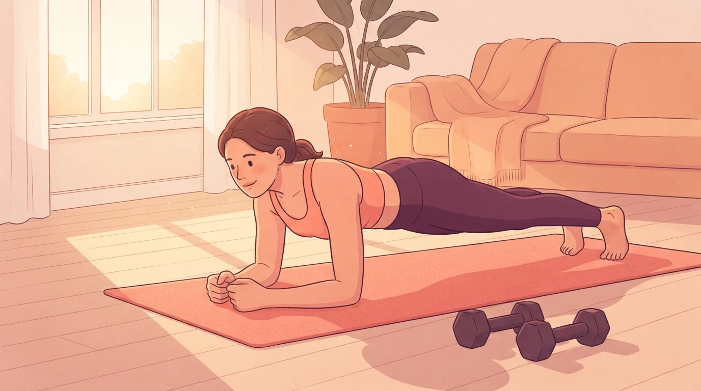 A woman holding a forearm plank on a coral exercise mat in a living room at sunrise, with a pair of dumbbells on the floor beside her, the first day of a 30-day abs plan