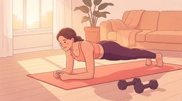 A woman holding a forearm plank on a coral exercise mat in a living room at sunrise, with a pair of dumbbells on the floor beside her, the first day of a 30-day abs plan