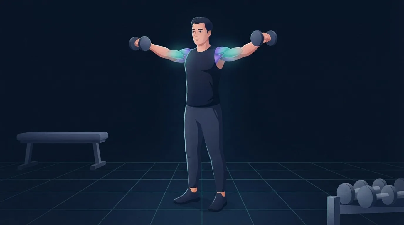A man doing a standing dumbbell lateral raise in a navy home training space, arms out at shoulder height, with the side deltoids glowing to show the muscle that builds broader shoulders