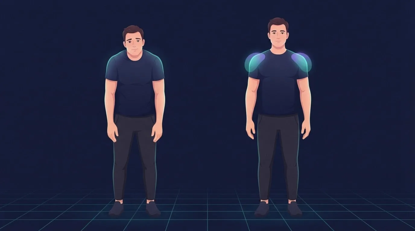 Two men of the same height side by side, one slouched with his shoulders rolled forward and one standing tall with his shoulders set back, showing how posture makes shoulders look broader