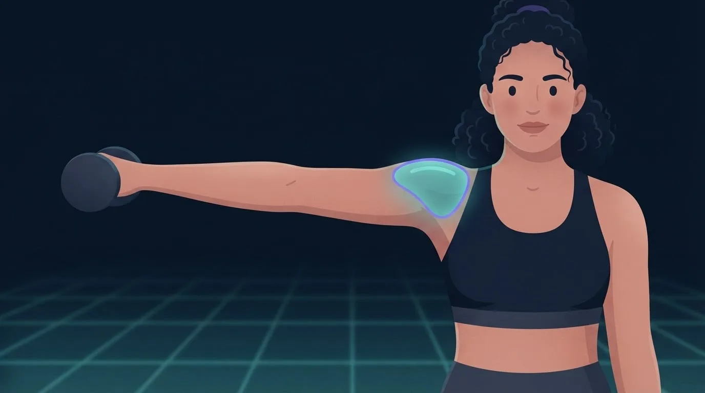 A woman at the top of a one-arm dumbbell lateral raise, her arm straight out at shoulder height and her shoulder kept low, with the side deltoid glowing