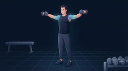 A man doing a standing dumbbell lateral raise in a navy home training space, arms out at shoulder height, with the side deltoids glowing to show the muscle that builds broader shoulders