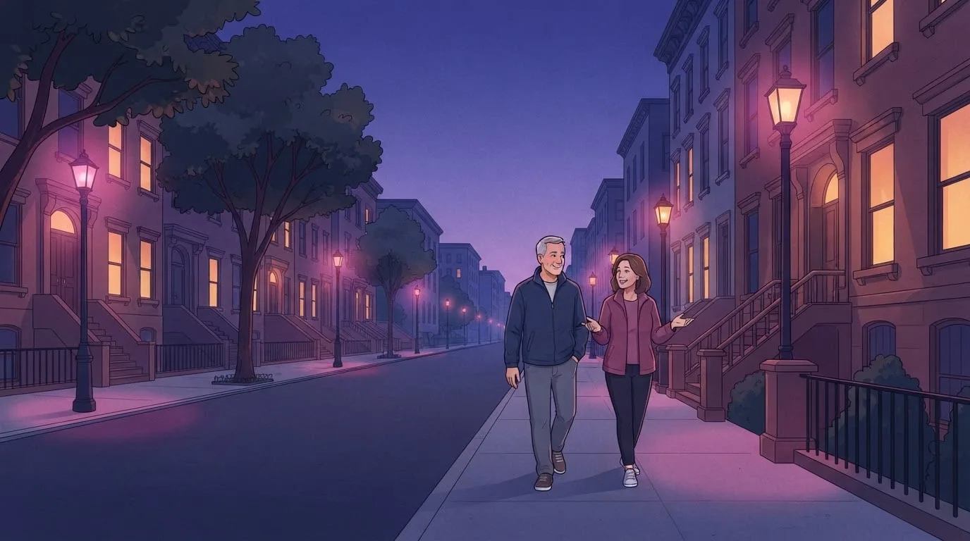Ein Paar in den Fünfzigern macht nach dem Abendessen einen Spaziergang durch eine laternenbeleuchtete Stadtstraße mit Sandsteinhäusern zur blauen Stunde und plaudert beim Schlendern, eine einfache Möglichkeit, mehr Schritte am Tag zu machen