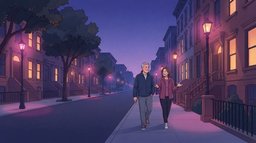 A couple in their fifties taking an after-dinner walk along a lamp-lit city street of brownstones at blue hour, chatting as they stroll, a simple way to get more steps in a day