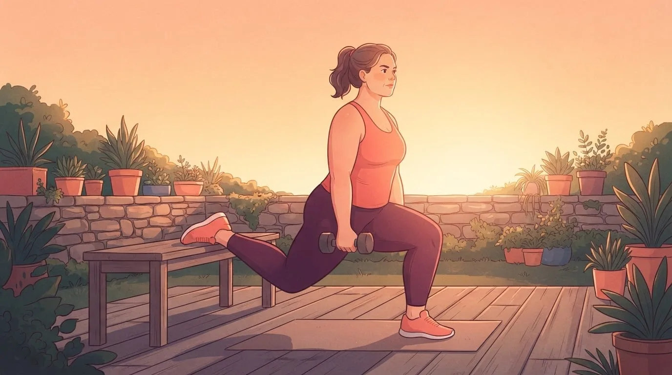 Une femme dans la quarantaine faisant un squat bulgare avec haltères sur une terrasse en bois de jardin au lever du soleil, le pied arrière posé sur un banc en bois, un haltère dans chaque main et le buste droit