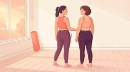 Two smiling women of similar height in leggings standing side by side in a sunlit home studio, seen from behind, one with a gentle inward curve on the side of her hip below the hip bone and one with a straighter outer hip line