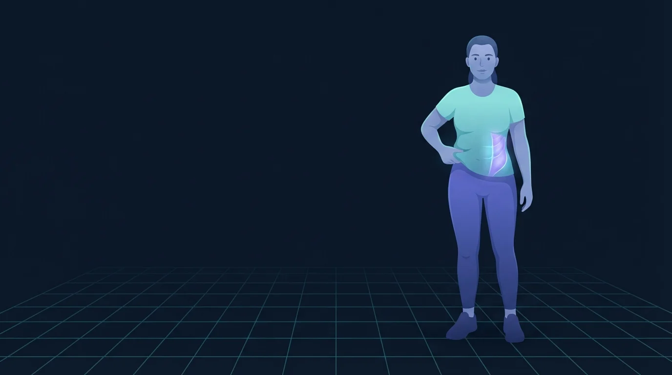 Eine stehende Figur von vorne, eine Hand an der Seite der Taille direkt über dem Hüftknochen, die schrägen Bauchmuskeln an dieser Seite leuchten violett und cyan unter der weichen Schicht