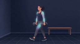 A woman walking across a dark home training room carrying a heavy dumbbell in each hand, with a teal and violet glow on her forearms, shoulders and thighs to show the muscles a farmer's carry works as she gets stronger
