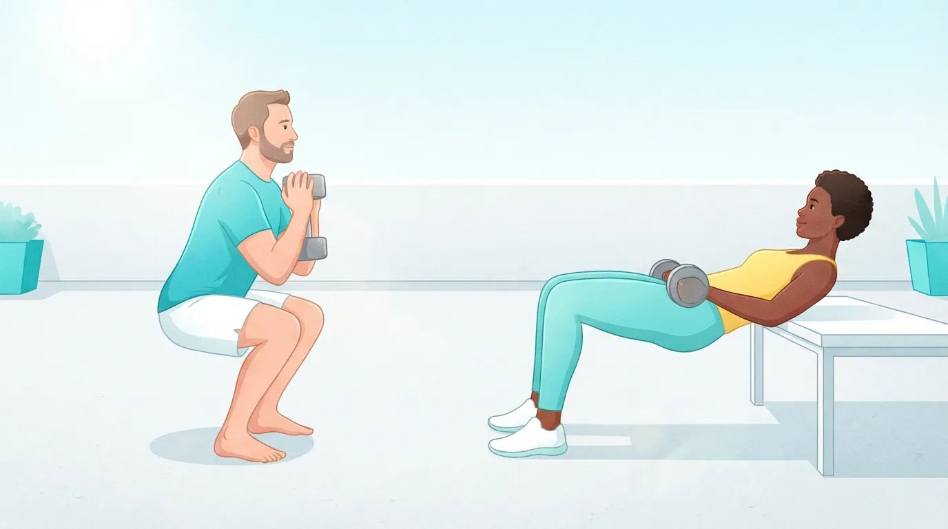 Comparaison côte à côte sur un toit-terrasse ensoleillé : un homme fait un goblet squat avec un haltère contre la poitrine et une femme fait un hip thrust avec haltère, le haut du dos sur un banc bas