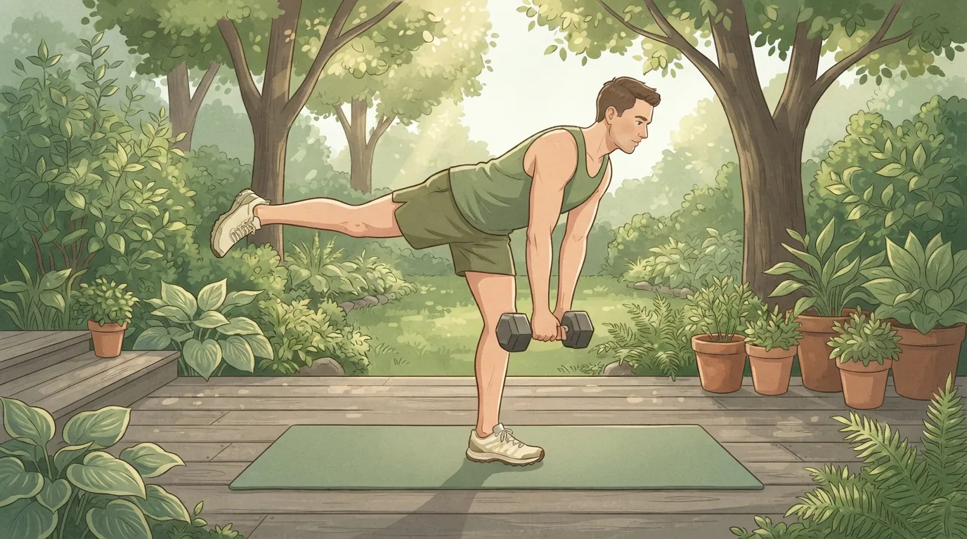 A man doing a single-leg Romanian deadlift with a dumbbell on a backyard deck surrounded by plants, balancing on one leg with a flat back, a strength exercise that supports running form
