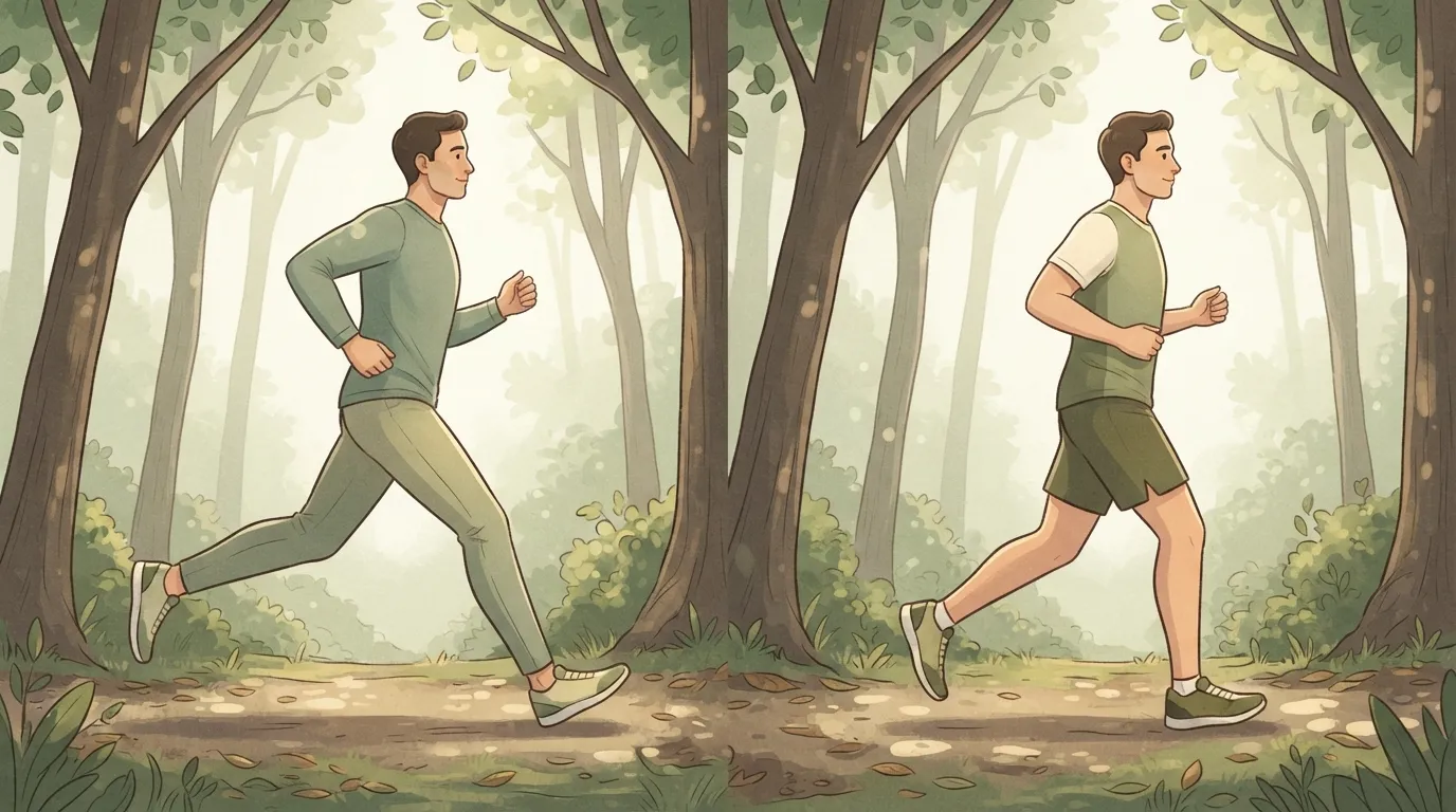 Two men running side by side on a wooded path, the one on the left reaching forward with a long overstride and the one on the right taking a shorter step that lands closer under his body