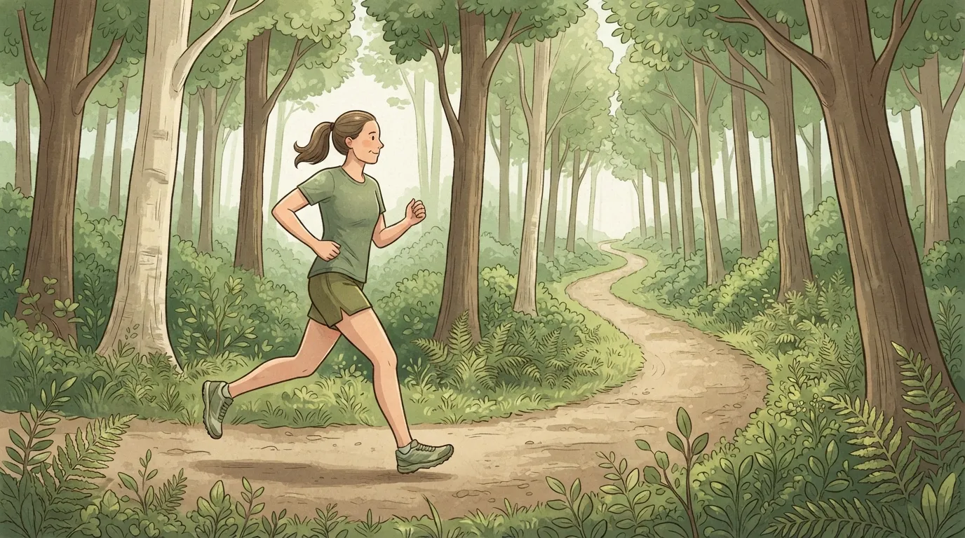 A woman running on a forest trail seen from the side with tall posture, relaxed shoulders, bent elbows and her front foot landing close to under her body, an example of good running form