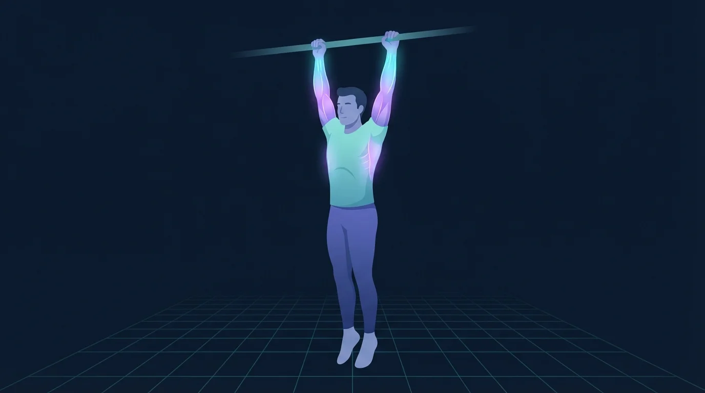 An adult hanging at full stretch from a horizontal bar with the forearms and hands lit up as the working muscles