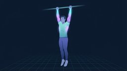 An adult hanging at full stretch from a horizontal bar with the forearms and hands lit up as the working muscles