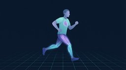 A runner in mid-stride with the heart and thigh muscles glowing, the two systems that limit stamina