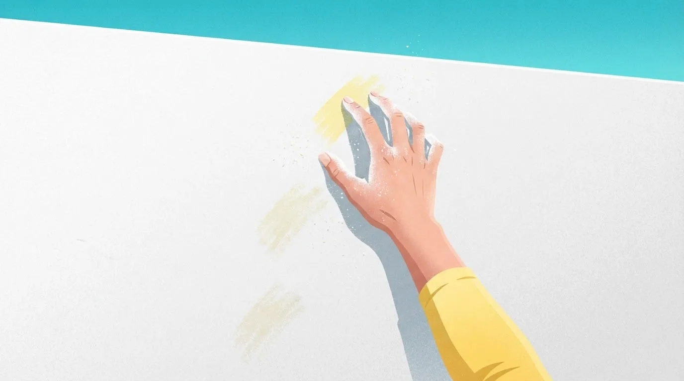 Close-up of a hand with chalk-dusted fingertips touching a white wall above two fainter yellow chalk marks, the jump-and-reach way to measure a vertical jump at home