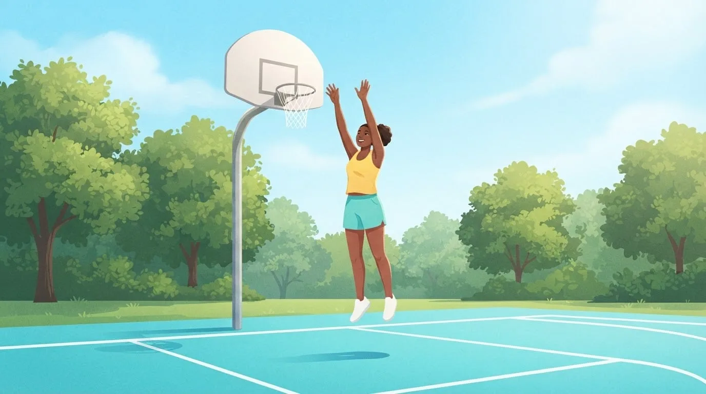 A young woman in a yellow tank top and aqua shorts in mid-air beneath a basketball hoop on a turquoise outdoor court, both arms reaching toward the rim, showing how to increase vertical jump height with a full arm swing