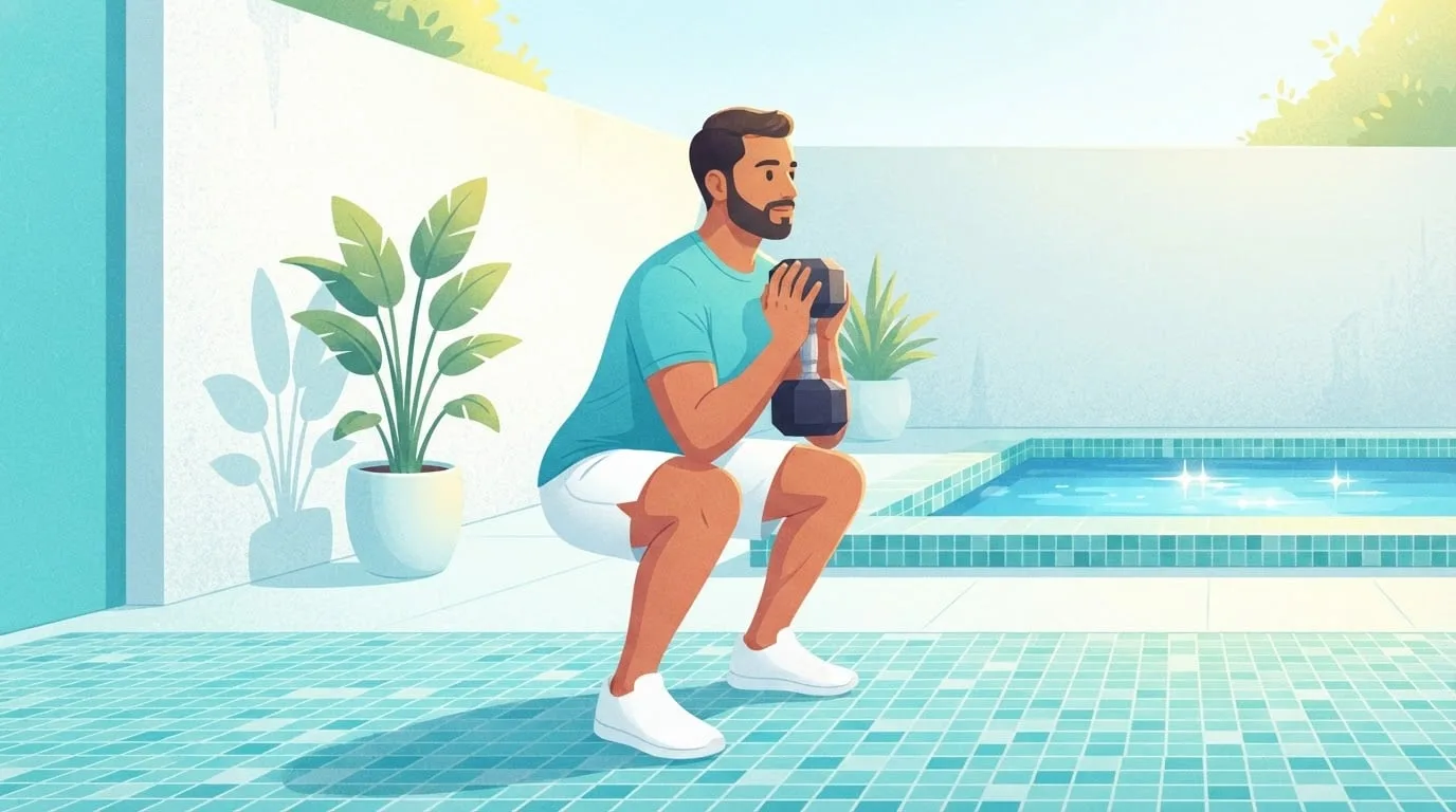 A bearded man in a turquoise t-shirt holding one dumbbell upright against his chest at the bottom of a goblet squat on a tiled poolside patio, strength training for vertical jump at home