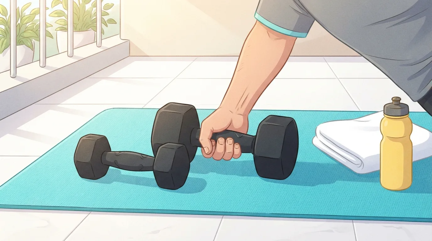 Close-up of a hand gripping the larger of two plain dumbbells on a turquoise mat in bright sun, showing the jump to a heavier dumbbell