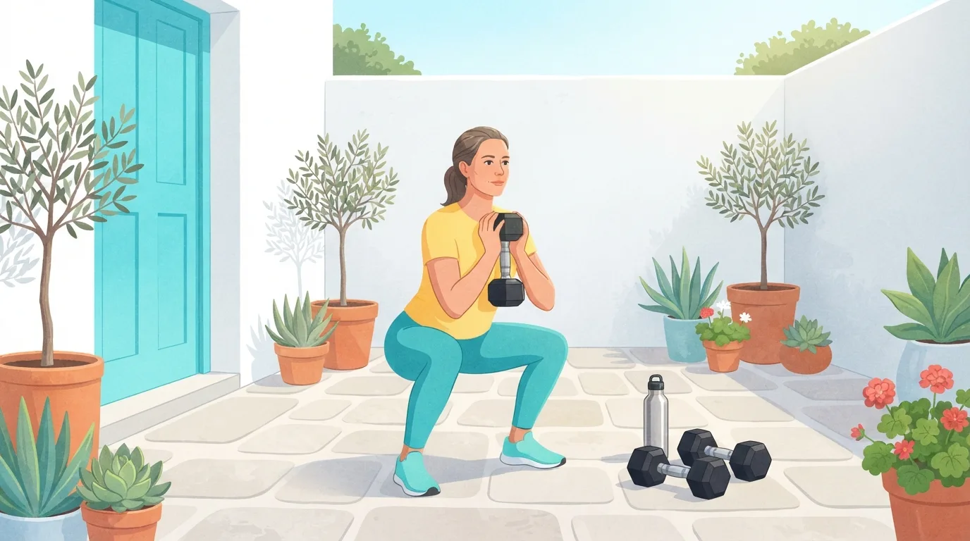 A woman doing a dumbbell goblet squat on a sunny backyard patio with white walls and a turquoise door, with another pair of dumbbells and a water bottle on the paving beside her