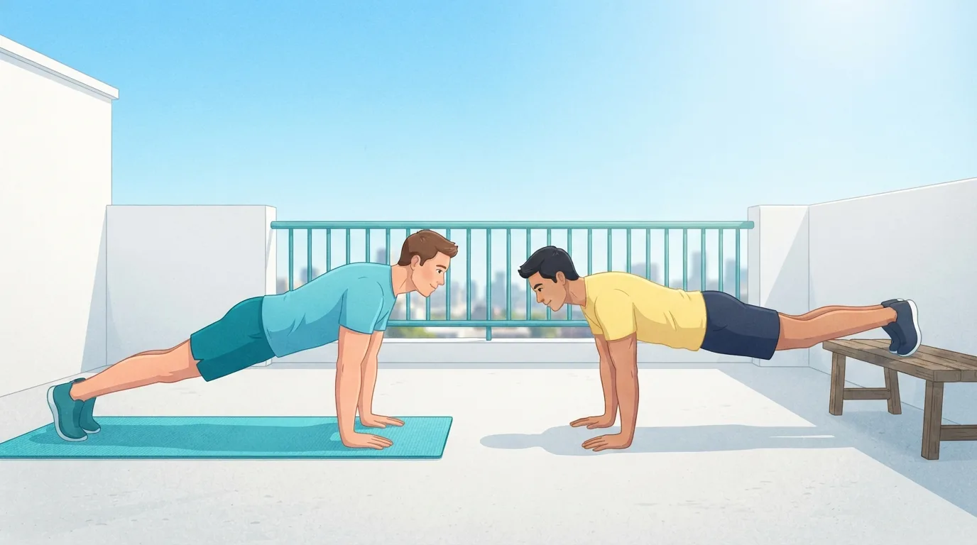 Two men side by side on a sunny rooftop terrace, one doing a standard push-up on the floor and the other a harder feet-elevated push-up with his feet on a low bench
