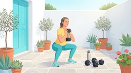 A woman doing a dumbbell goblet squat on a sunny backyard patio with white walls and a turquoise door, with another pair of dumbbells and a water bottle on the paving beside her