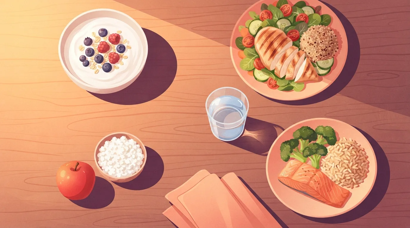 Overhead view of a day of high-protein meals on a wooden table: Greek yogurt with berries and oats, grilled chicken salad with quinoa, cottage cheese with an apple, and salmon with broccoli and brown rice