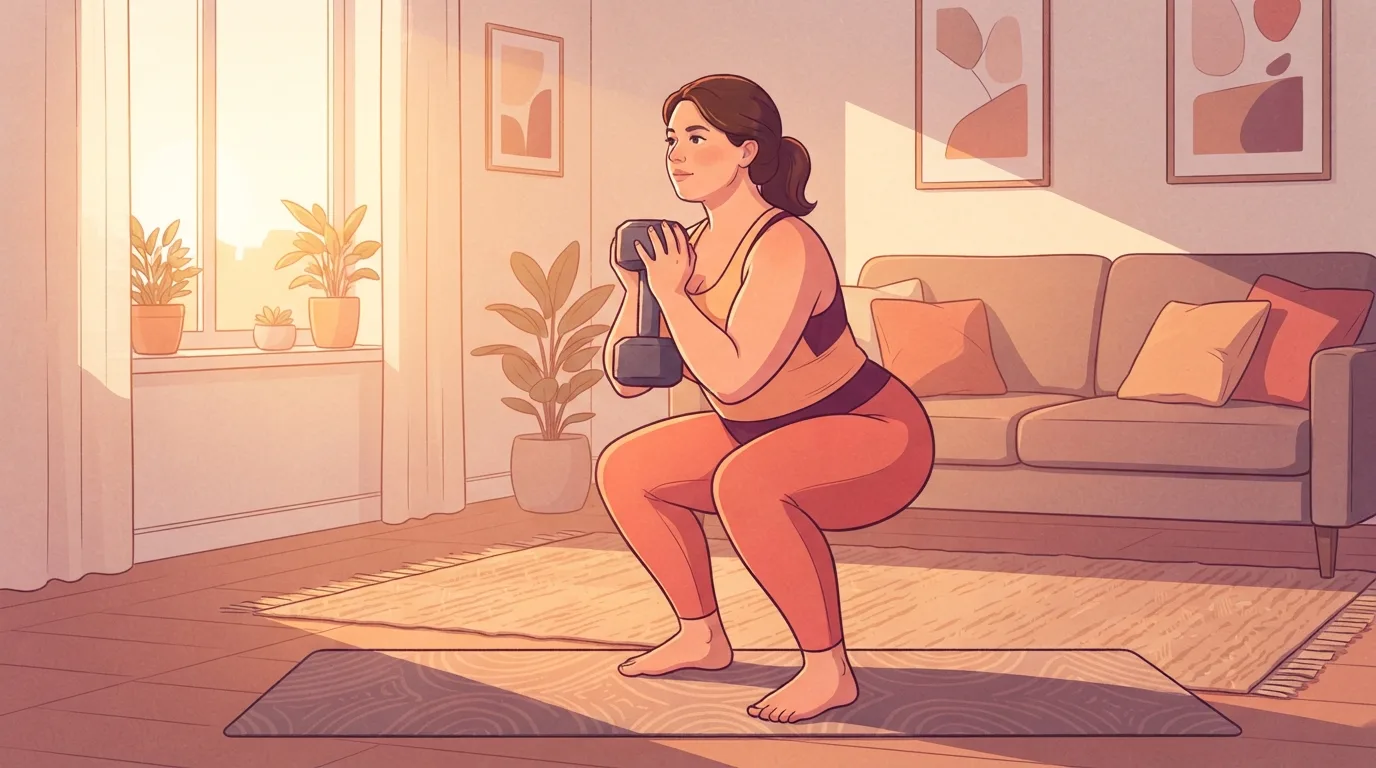 A woman in coral leggings doing a goblet squat with one dumbbell held at her chest on an exercise mat in her living room at sunrise, part of a plan to lose 10 pounds in a month