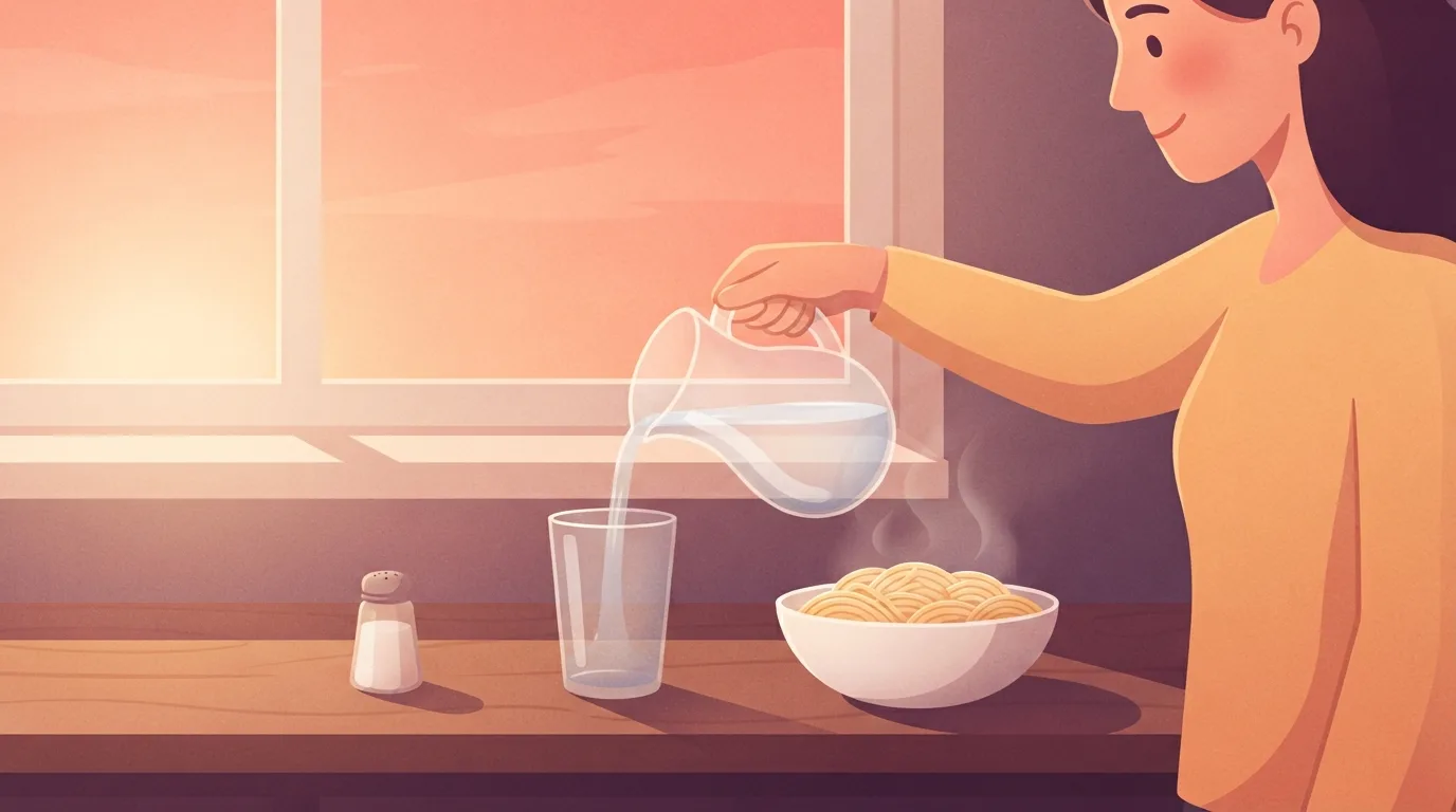 A woman pouring water from a glass pitcher into a glass on a kitchen counter at sunrise, next to a bowl of cooked pasta and a salt shaker, the carbohydrate and salt that hold water in the body