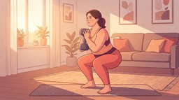 A woman in coral leggings doing a goblet squat with one dumbbell held at her chest on an exercise mat in her living room at sunrise, part of a plan to lose 10 pounds in a month