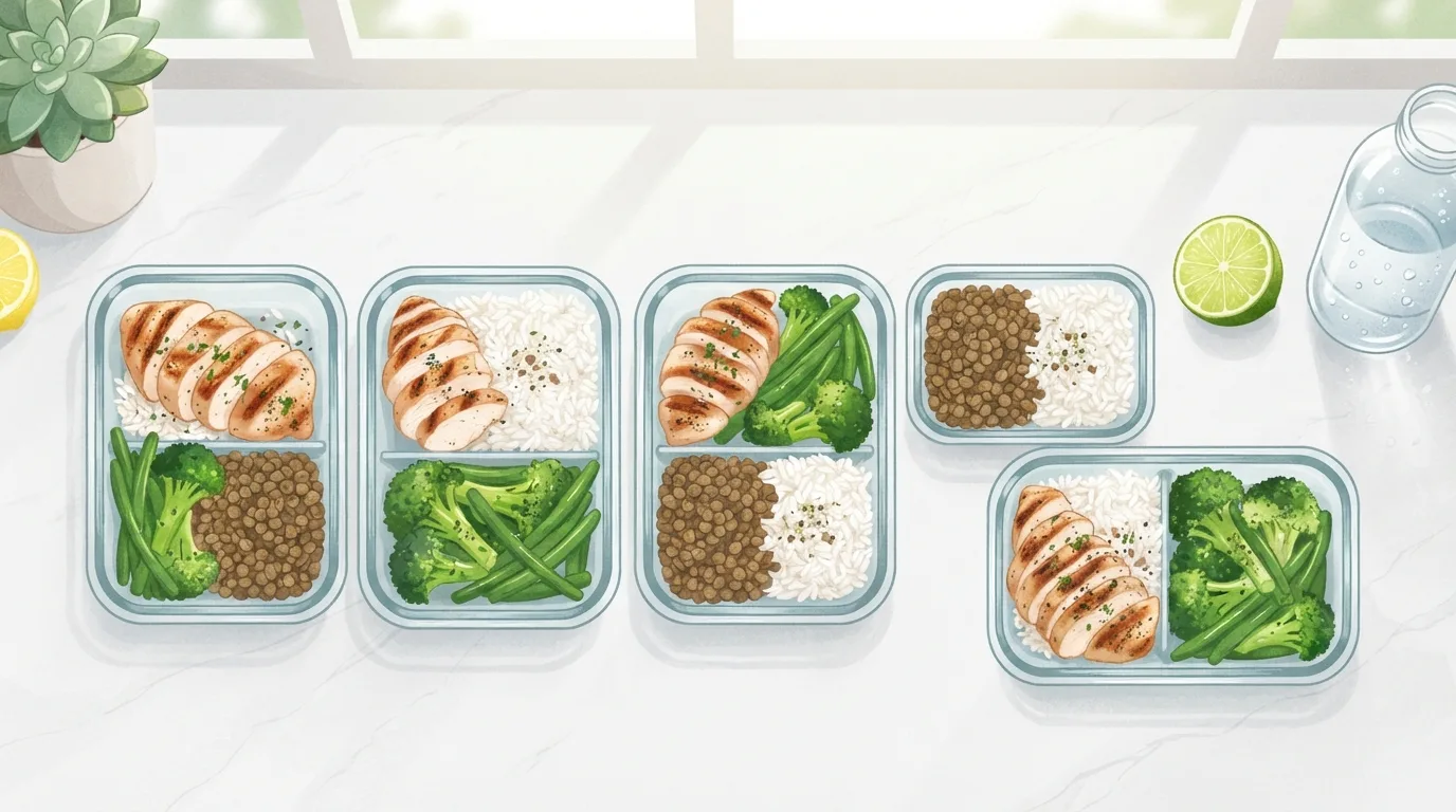 Draufsicht auf fünf Meal-Prep-Glasbehälter mit gegrilltem Hähnchen, Reis, Linsen, Brokkoli und grünen Bohnen auf einer weißen Arbeitsplatte, neben einer halbierten Limette und einer Wasserflasche