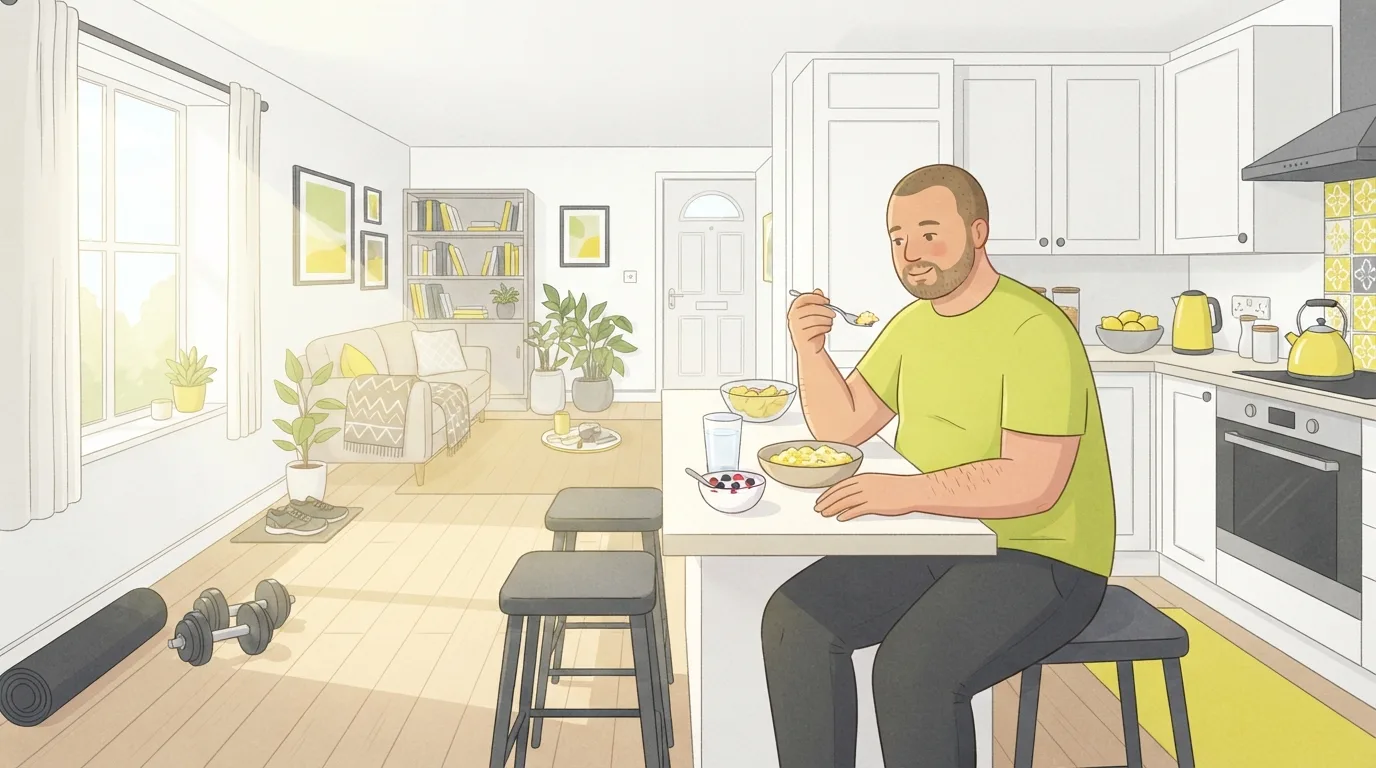 Ein Mann in den Vierzigern isst Rührei und eine Schüssel Joghurt mit Beeren an einer sonnigen Küchentheke, mit einem Paar Kurzhanteln und einer aufgerollten Trainingsmatte auf dem Boden und Schuhen zum Spazierengehen neben dem Sofa, der Alltags-Aufbau zum Abnehmen von 20 Pfund
