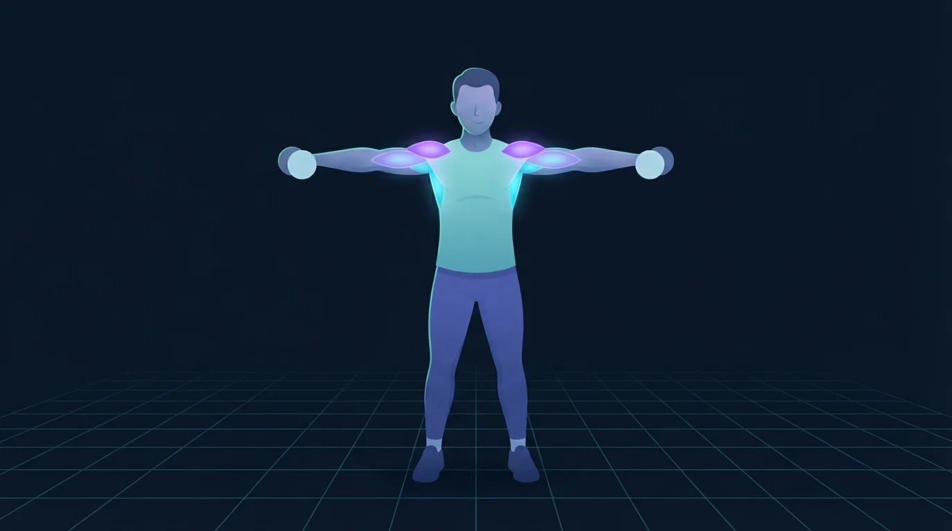 A person performing a standing lateral raise with a light dumbbell in each hand, the side deltoid at the top of each shoulder glowing