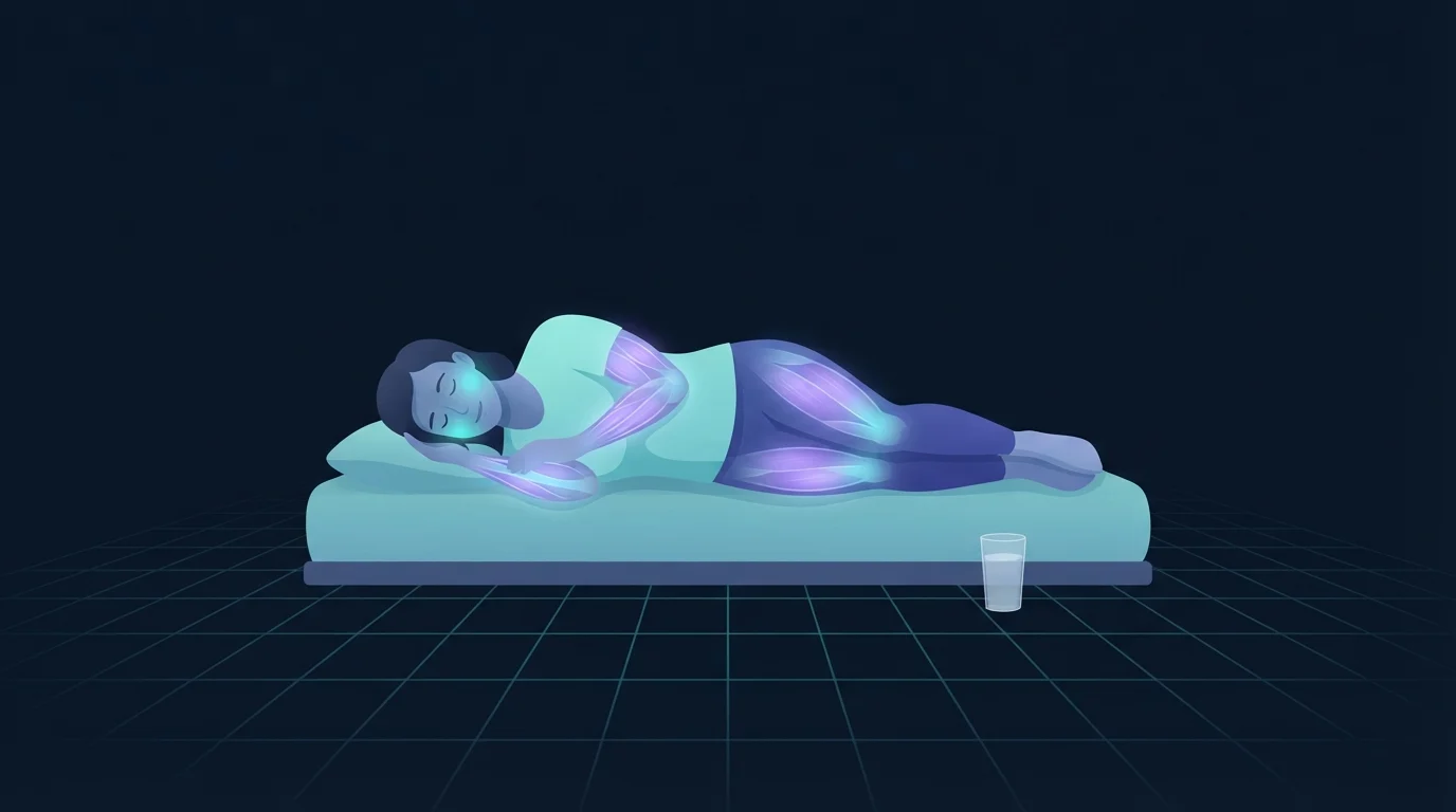 Eine Person, die seitlich auf einem niedrigen Bett schläft, mit einem einfachen Glas Wasser auf dem Boden daneben