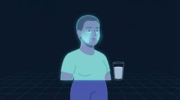 A head and shoulders illustration with the cheeks and under-eye area glowing softly to show retained fluid rather than fat, a plain glass of water standing alongside