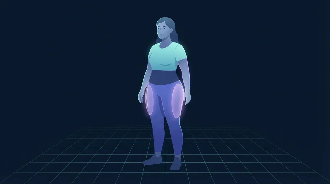 Una figura de pie con la grasa almacenada alrededor de las caderas, los muslos externos y los glúteos resaltada mientras la cintura y el abdomen permanecen sin resaltar