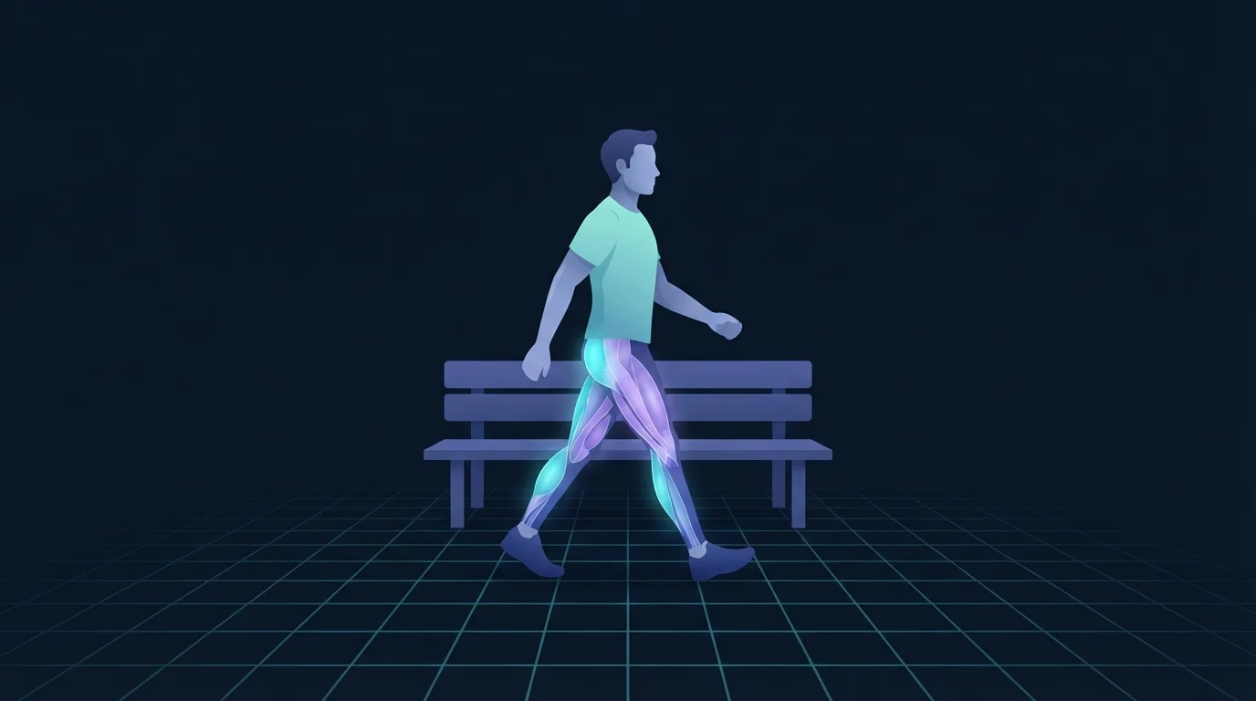 Una persona caminando enérgicamente de perfil con los glúteos, los isquiotibiales y las pantorrillas resaltados suavemente, un banco sencillo detrás de ella