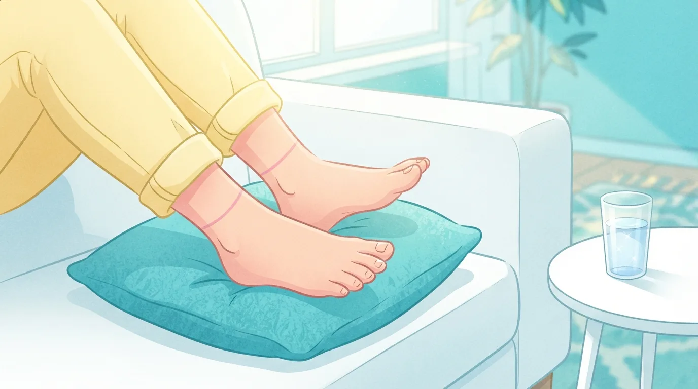 Primer plano de los tobillos y pies descalzos de una persona apoyados en alto sobre un cojín en un sofá bajo el sol de la tarde, con tenues marcas de medias alrededor de ambos tobillos y un vaso de agua en una mesa auxiliar