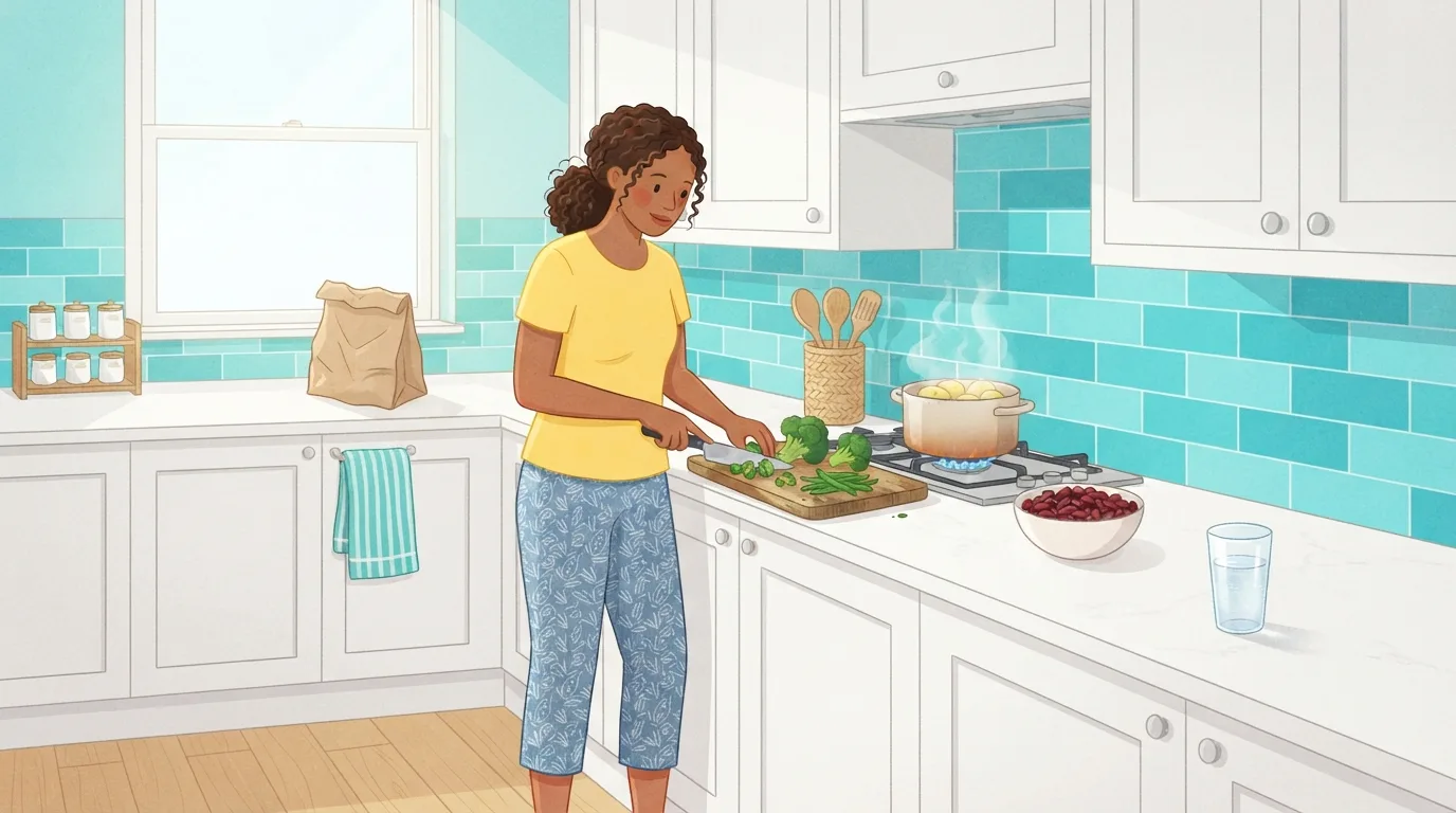 Una mujer en una cocina luminosa y soleada picando brócoli y judías verdes mientras hierven papas en la estufa, con un tazón de frijoles y un vaso de agua cerca y una bolsa de comida para llevar apartada junto a la ventana